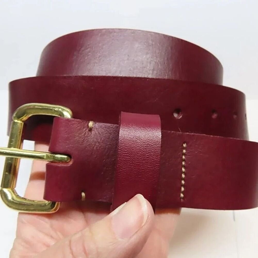 45" Handmade 100% cow hide burgundy leather belt solid brass buckle plain O